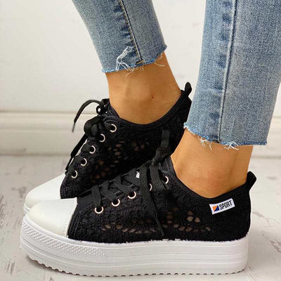 Colorblock Eyelet Hollow Out Lace-Up Sneakers - Cherrybetty