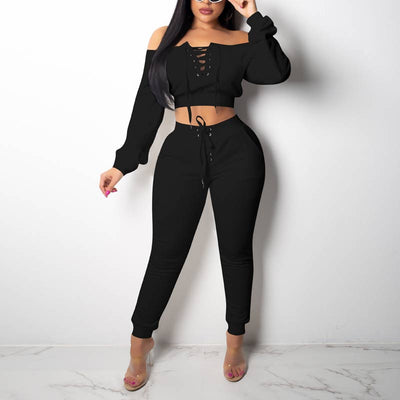 Solid Off Shoulder Long Sleeve Two Piece Set