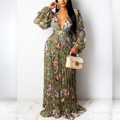Floral Print V-Neck Pleated Maxi Dress With Belt