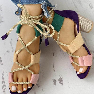 Colourblock Lace-up Chunky Heels Open Toe Sandals - Shop Shiningbabe - Womens Fashion Online Shopping Offering Huge Discounts on Shoes - Heels, Sandals, Boots, Slippers; Clothing - Tops, Dresses, Jumpsuits, and More.