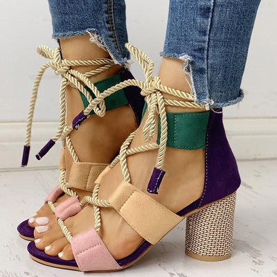 Colourblock Lace-up Chunky Heels Open Toe Sandals - Shop Shiningbabe - Womens Fashion Online Shopping Offering Huge Discounts on Shoes - Heels, Sandals, Boots, Slippers; Clothing - Tops, Dresses, Jumpsuits, and More.