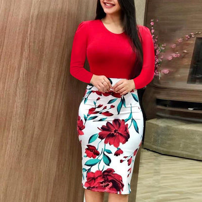Color Matching Flower Print Bodycon Dress - Shop Shiningbabe - Womens Fashion Online Shopping Offering Huge Discounts on Shoes - Heels, Sandals, Boots, Slippers; Clothing - Tops, Dresses, Jumpsuits, and More.