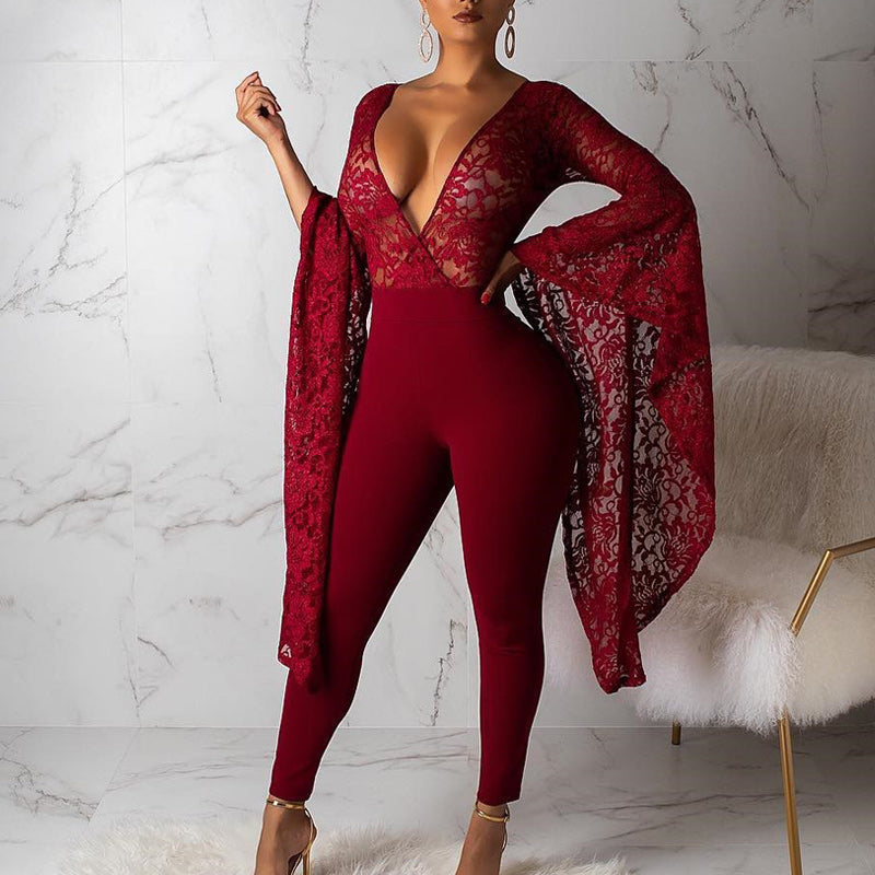 Sexy V-Neck Lace Hollow Out Long Wide Sleeve Jumpsuit