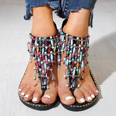 Fashion Ornaments Bohemian Style Zipper Flat Flip Flops Sandals - Cherrybetty