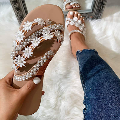 Solid Toe Ring Pearl Slippers - Cherrybetty