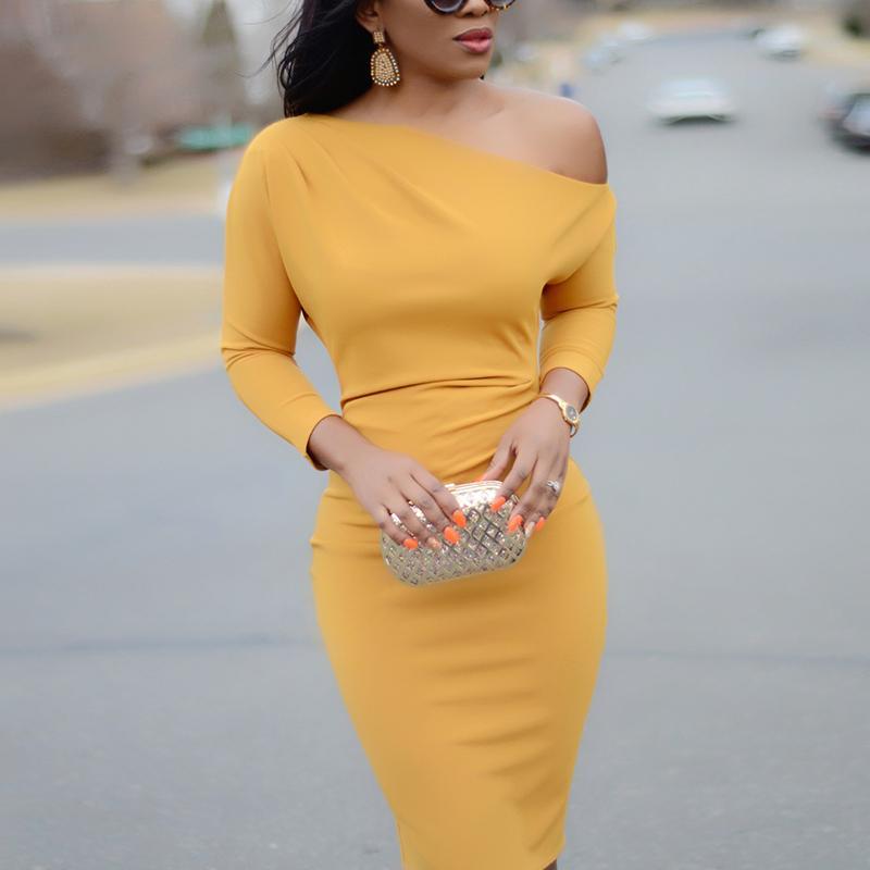 Solid Skew Neck Bodycon Midi Dress - Shop Shiningbabe - Womens Fashion Online Shopping Offering Huge Discounts on Shoes - Heels, Sandals, Boots, Slippers; Clothing - Tops, Dresses, Jumpsuits, and More.