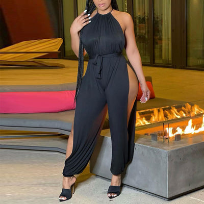 Solid Sleeveless High Split Jumpsuit With Belt