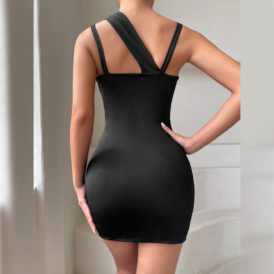 Solid Oblique Shoulder Spaghetti Strap Mini Dress