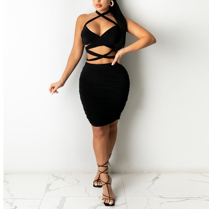 Solid Halter Hollow Out Bandage Bodycon Dress