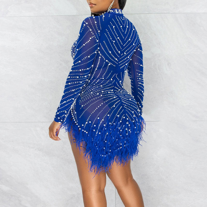 Rhinestone Beaded Long Sleeve Feather Design Slit Bodycon Dress