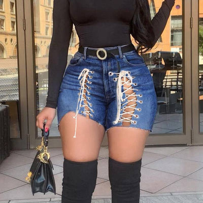Solid High Waist Lace Up Denim Shorts