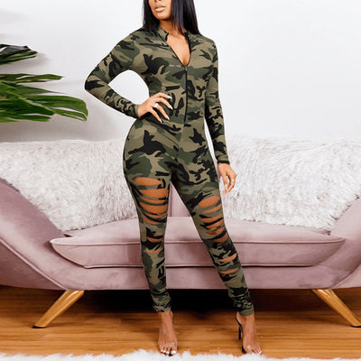 Camouflage Print Long Sleeve Cutout Plus Size Jumpsuit
