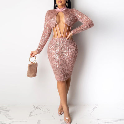 Sequins Furry Design Cutout Long Sleeve Dress
