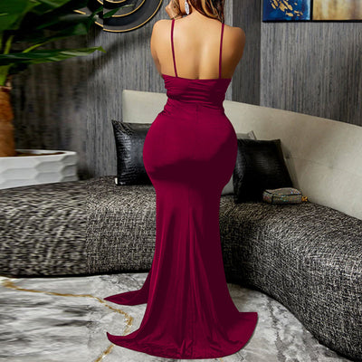 Solid Sleeveless Lace High Slit Irregular Maxi Dress