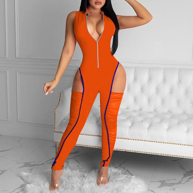Sleeveless V-Neck Hollow Out Bodycon Jumpsuit