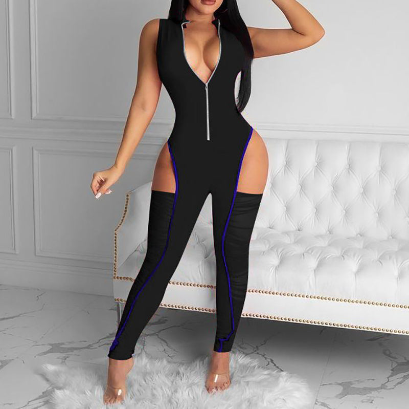 Sleeveless V-Neck Hollow Out Bodycon Jumpsuit
