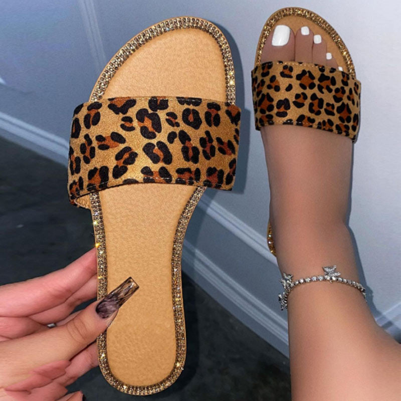 Leopard Pattern Rhinestone Flat Sandals