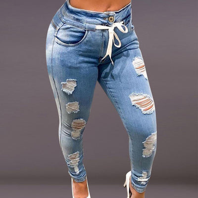Denim Cutout Drawstring Pocket Design Jeans