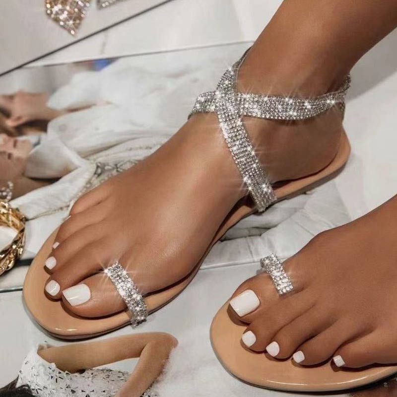 Solid Rhinestone Toe Ring Ankle Strap Sandals