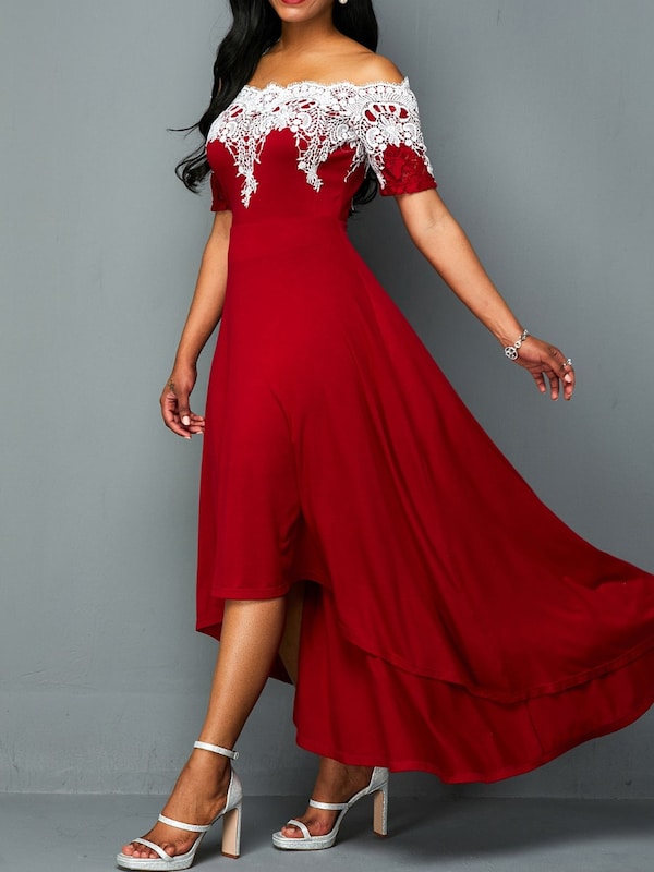 Lace Patchwork Off Shoulder Irregular Pleated Design Dress